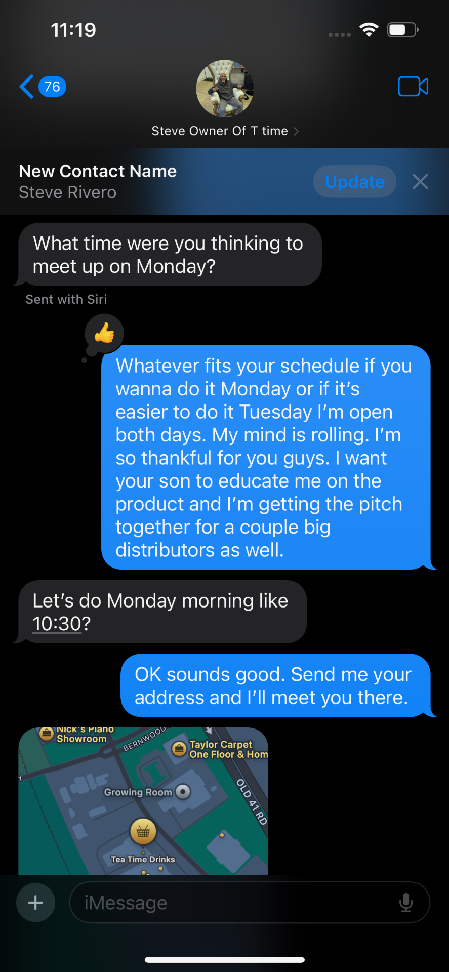 Text messages arranging a meeting and showing a Tea Time map pin.