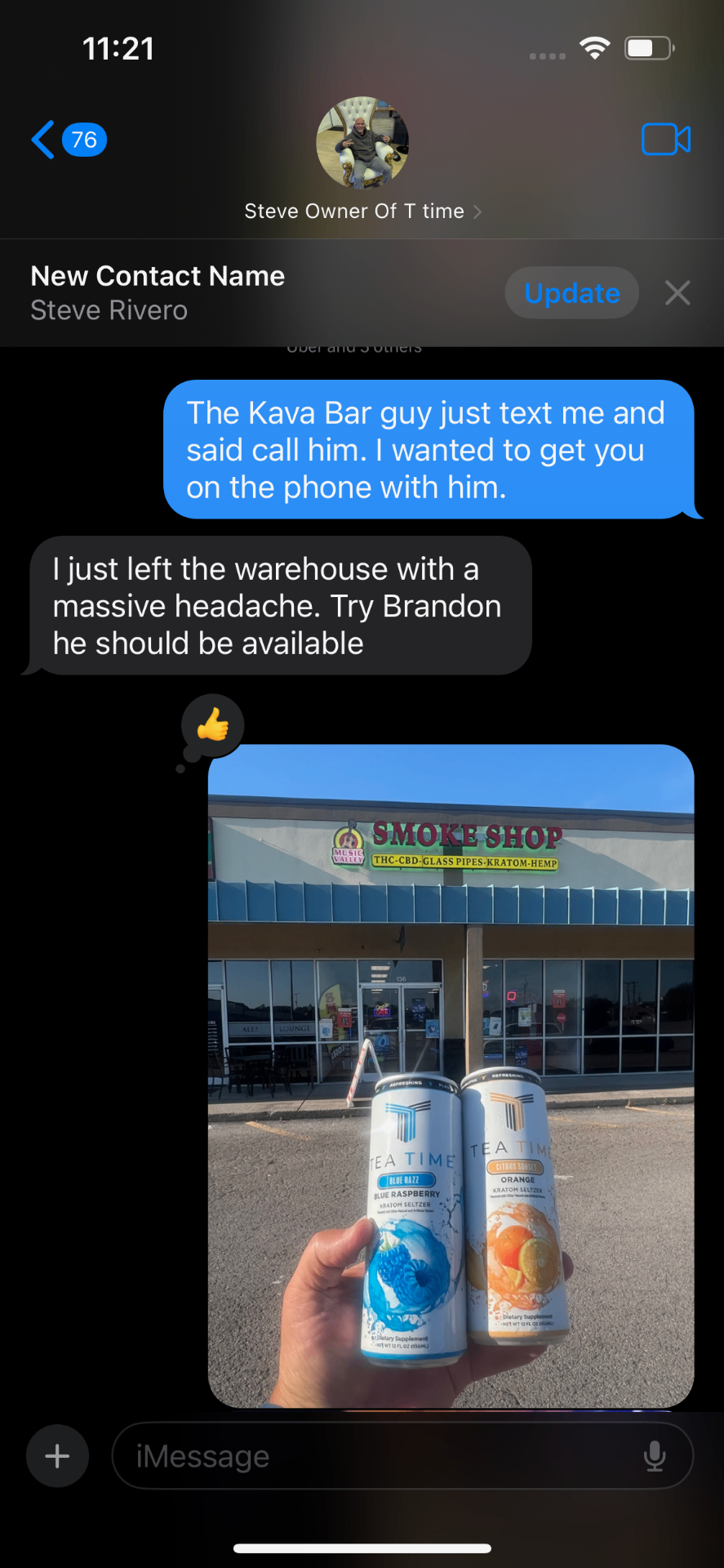 Text messages mentioning a kava bar contact.