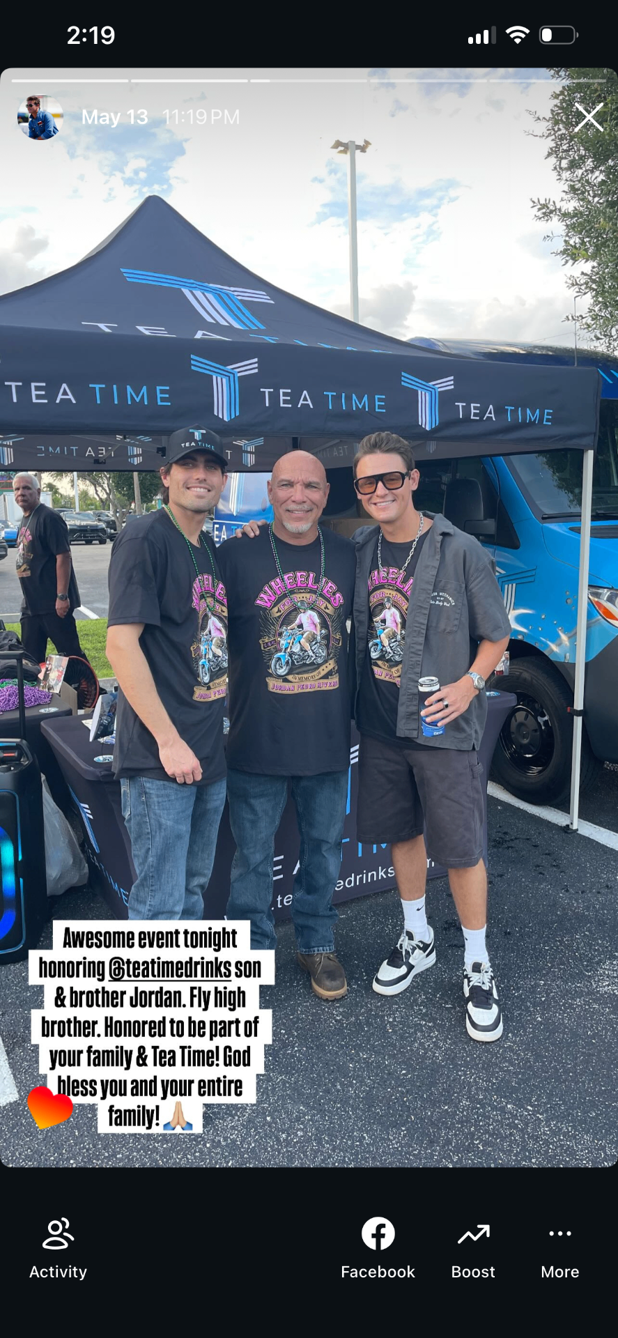 Instagram story of Gray Gaulding beneath a Tea Time tent.