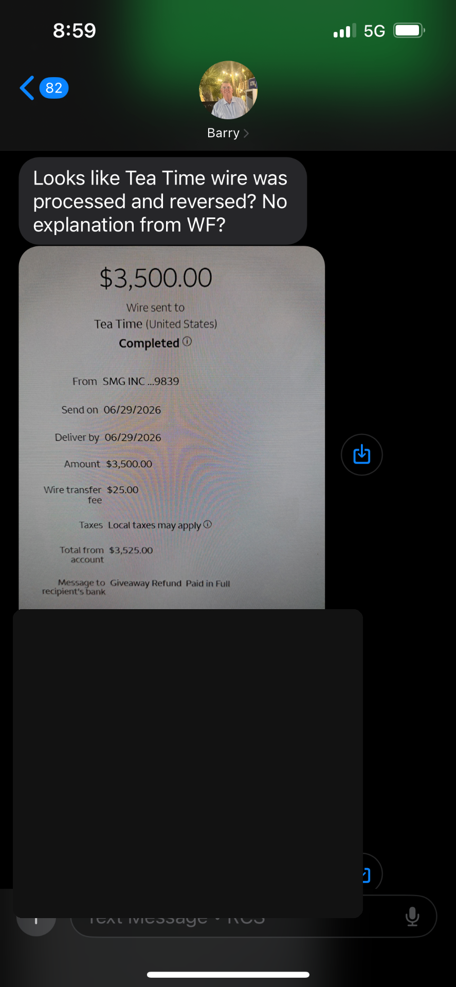 Redacted text messages coordinating a wire transfer.