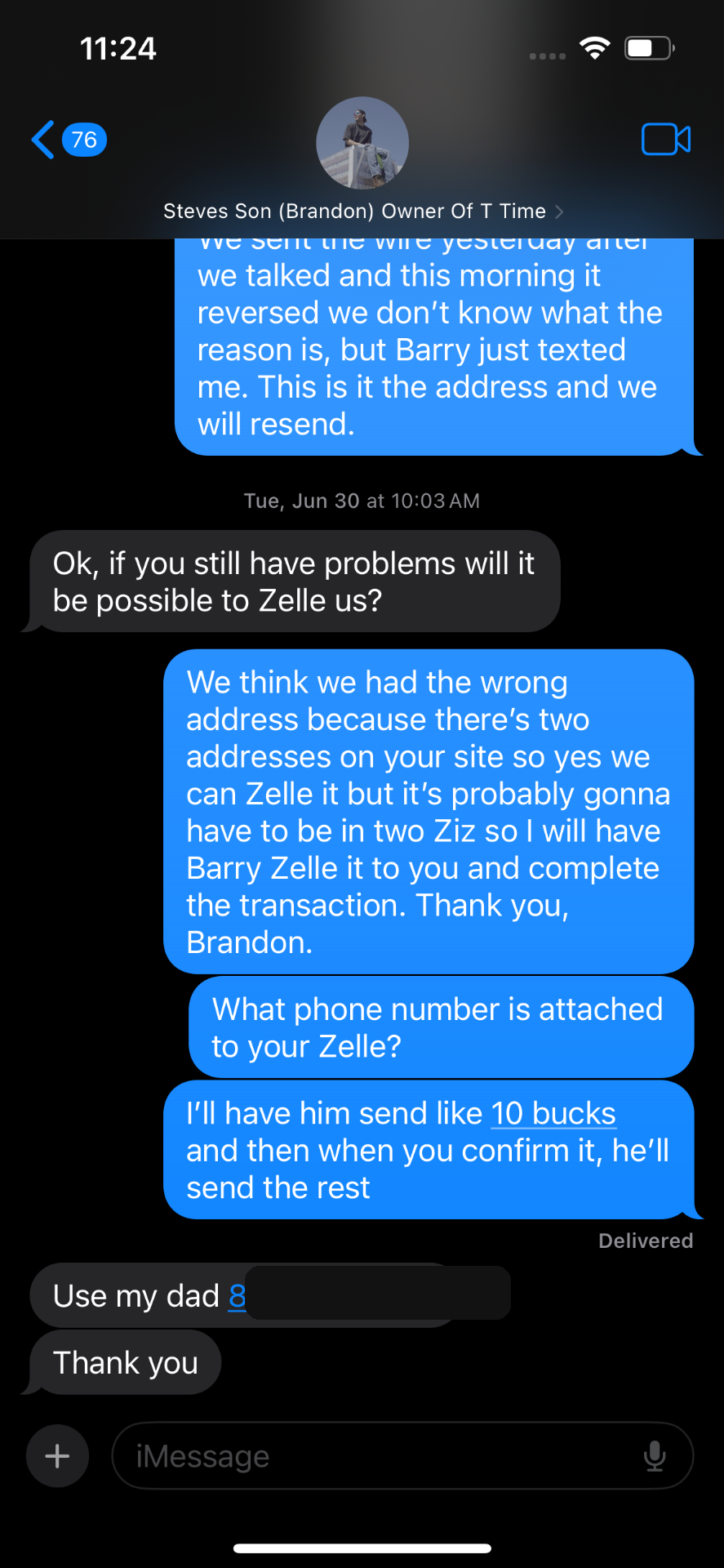Redacted text messages coordinating a Zelle phone number.