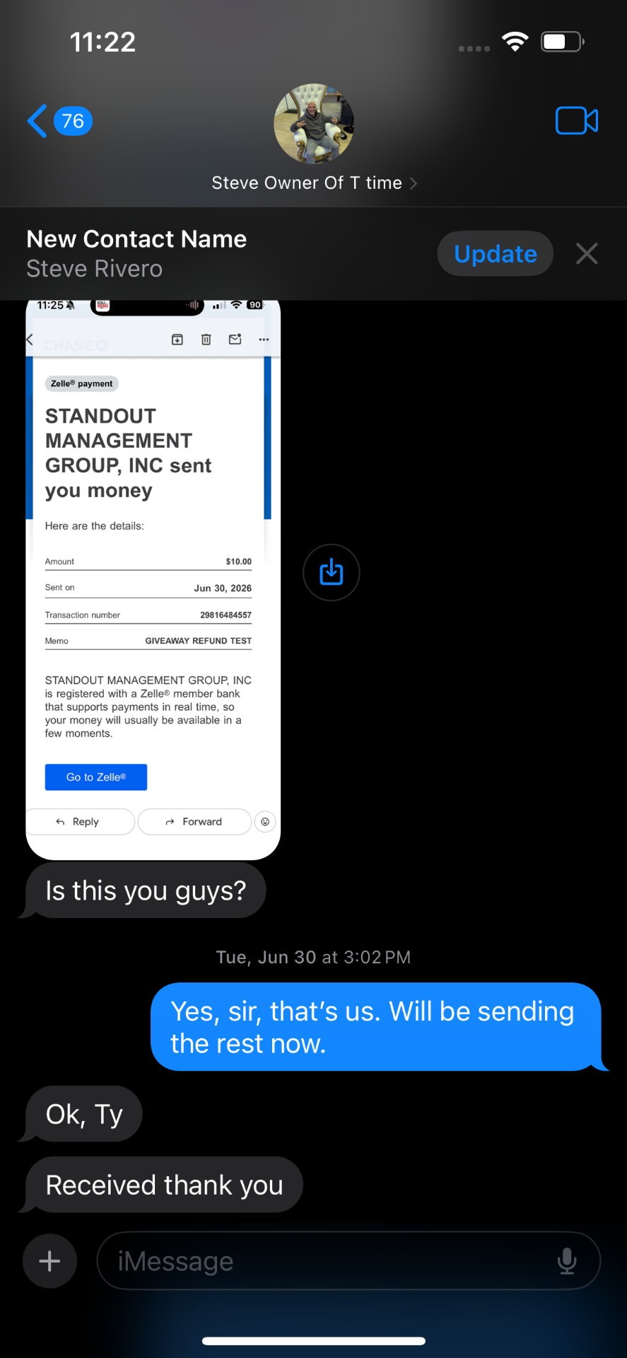 Text messages showing a 10 dollar Zelle payment confirmation.