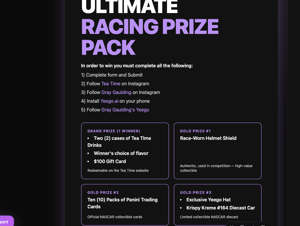 Screenshot of the Tea Time Ultimate Racing Prize Pack giveaway page with entry steps and prize tiers.