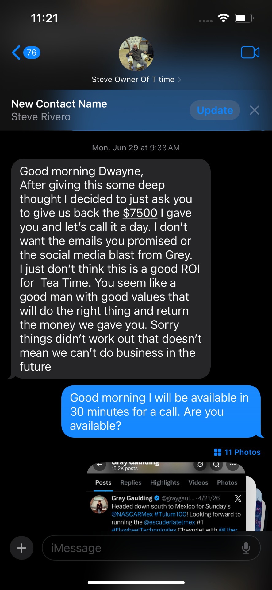 Text message from Steve Rivero requesting the return of 7500 dollars.