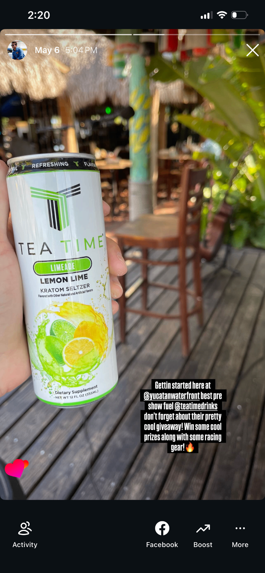 Instagram story of a Tea Time Limeade can at an outdoor table.