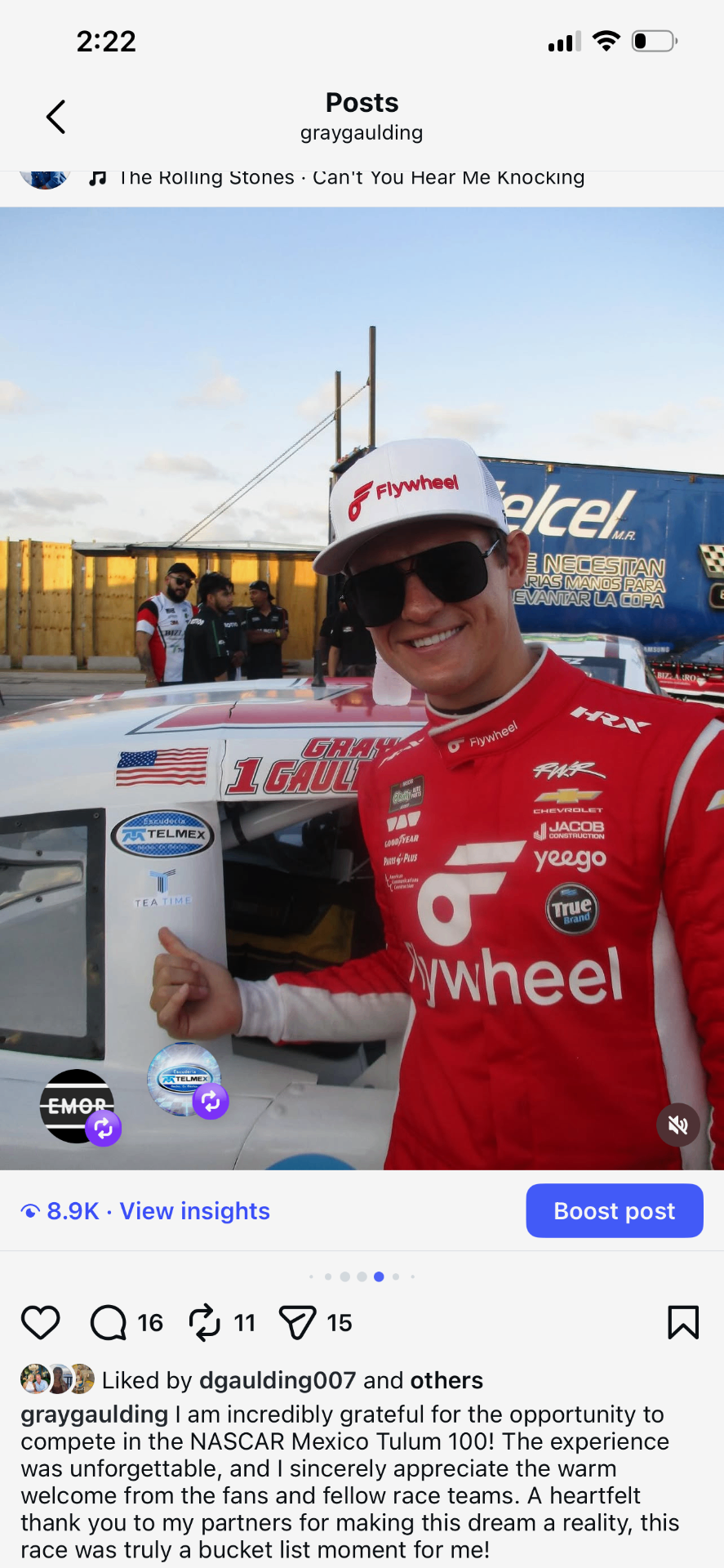 Instagram post of Gray Gaulding pointing at a Tea Time logo on his race car.
