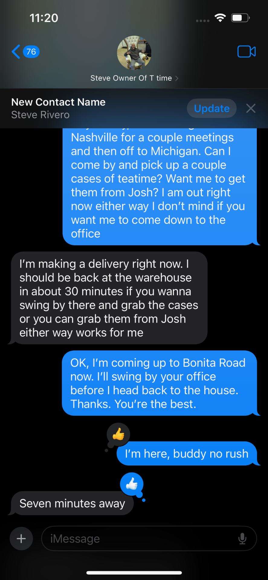 Text messages about picking up cases of Tea Time from the warehouse.