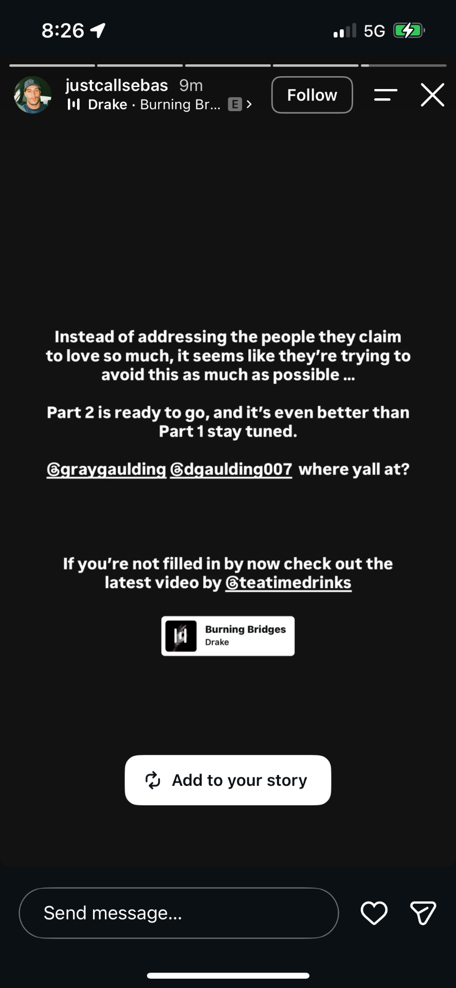 Instagram story referencing a follow-up video and tagged accounts.