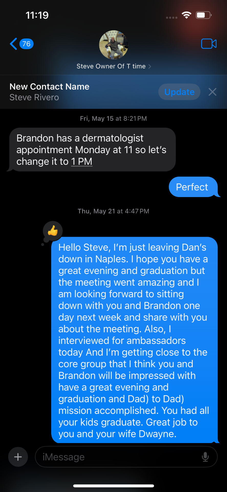 Text messages with Steve Rivero discussing meeting timing.
